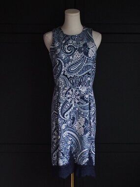 H&M | Dark Blue/White Paisley Lace-Trimmed Dress